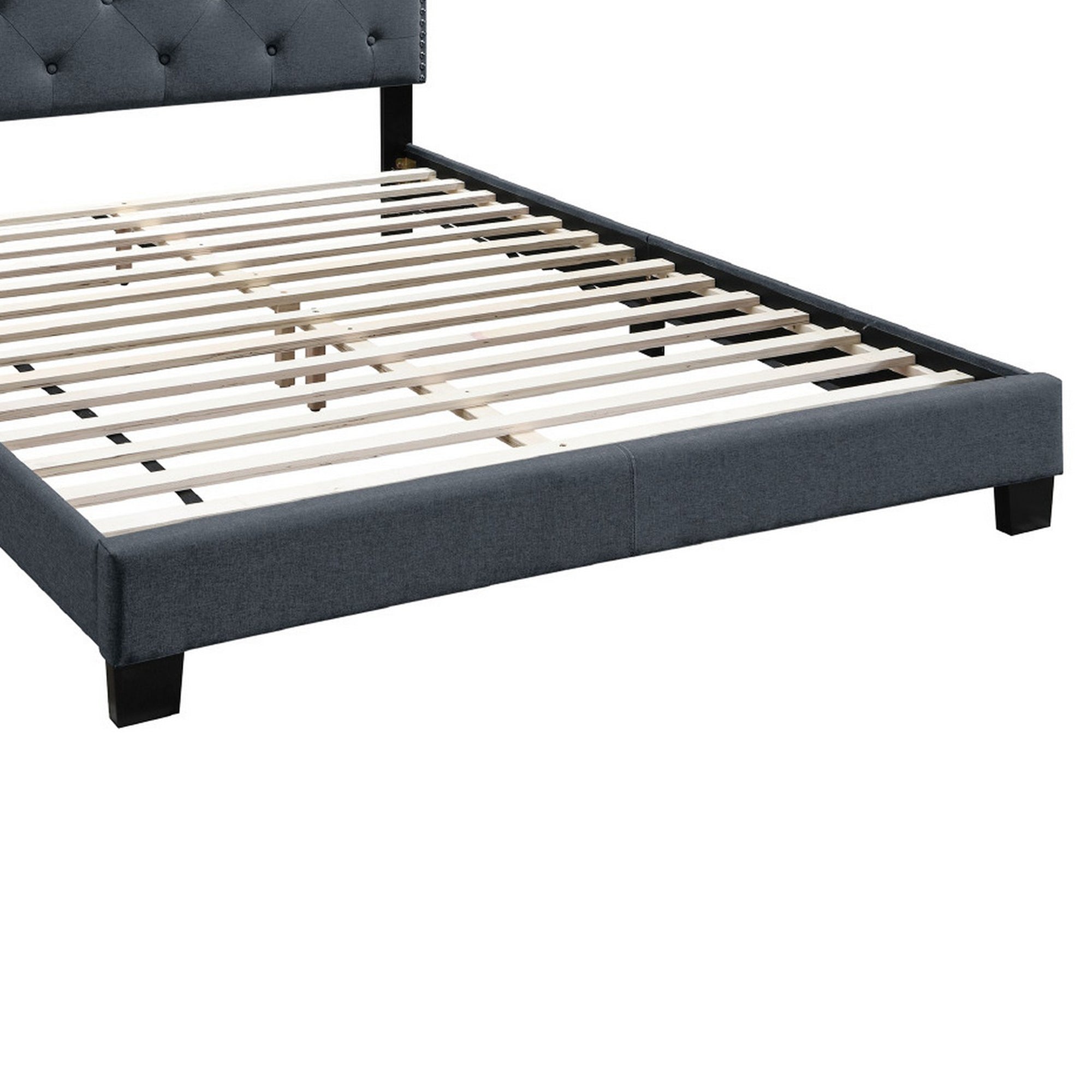 Benjara Queen Bed with Button Tufted Scalloped Headboard, Gray
