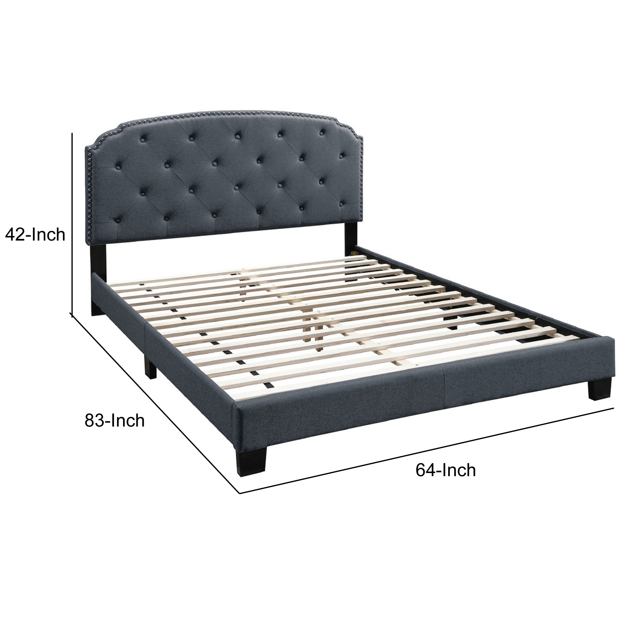 Benjara Queen Bed with Button Tufted Scalloped Headboard, Gray