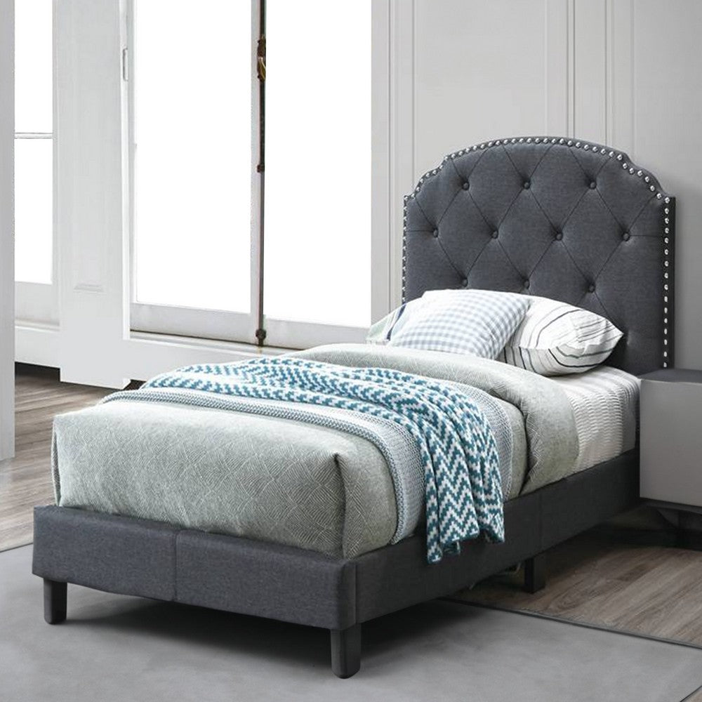 Benjara Queen Bed with Button Tufted Scalloped Headboard, Gray