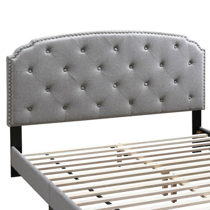 Benjara Twin Bed with Button Tufted Scalloped Headboard, Light Gray