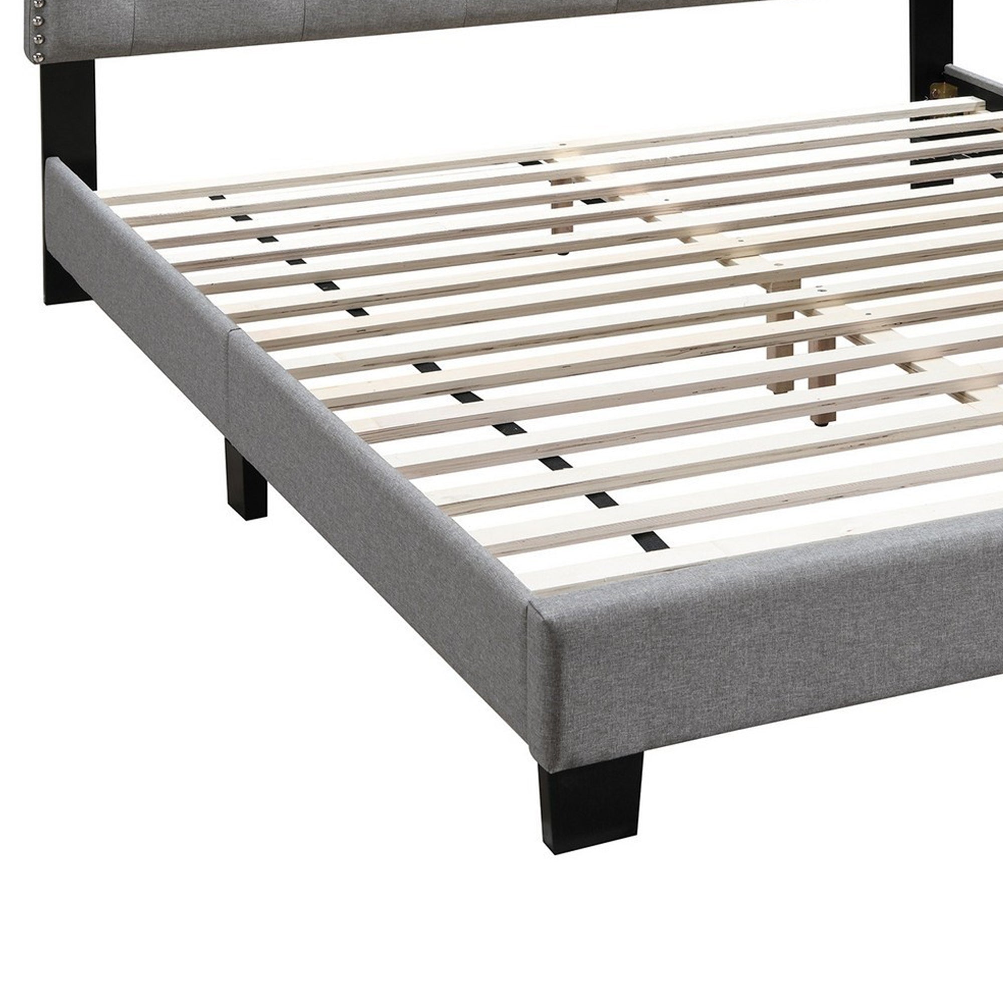 Benjara Twin Bed with Button Tufted Scalloped Headboard, Light Gray