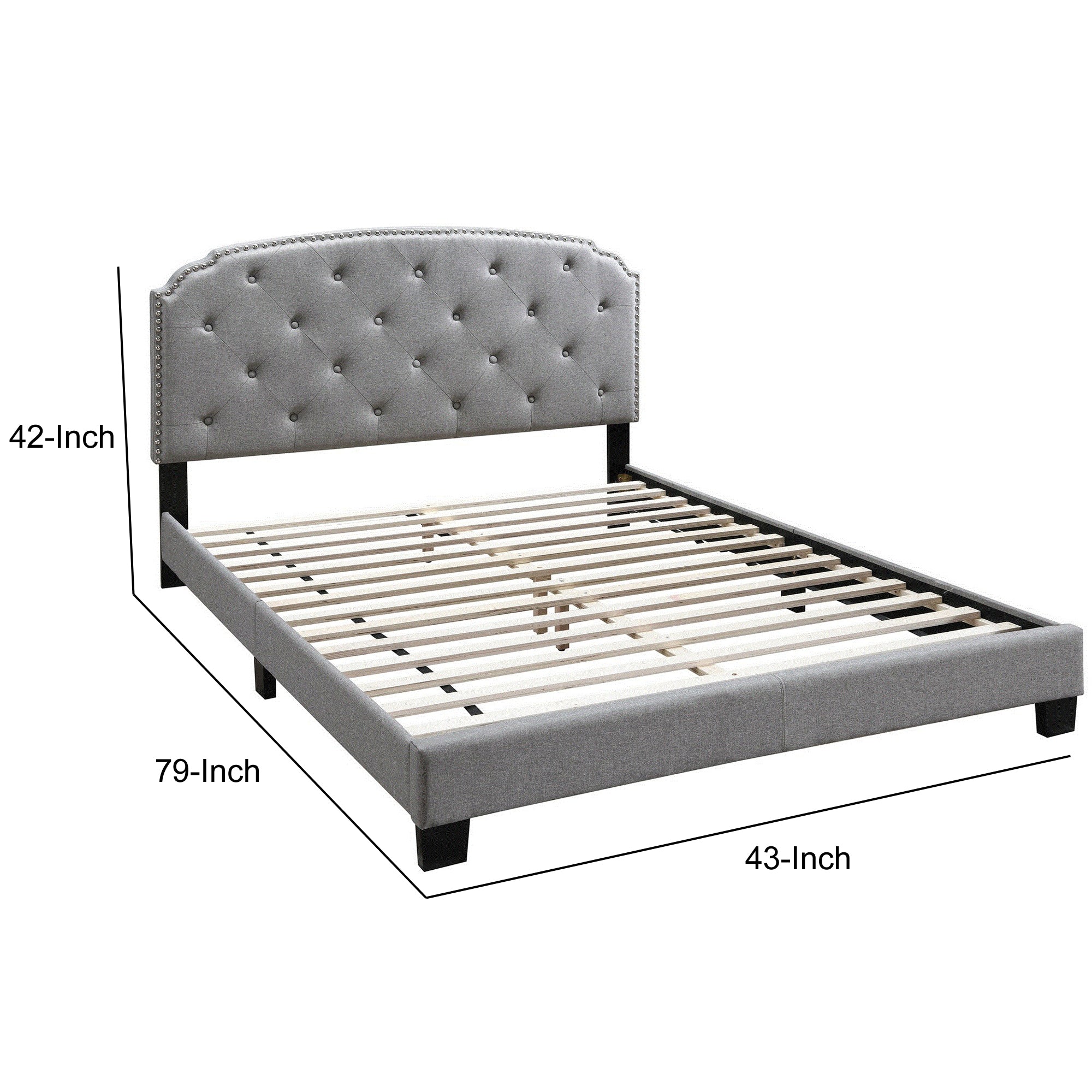 Benjara Twin Bed with Button Tufted Scalloped Headboard, Light Gray