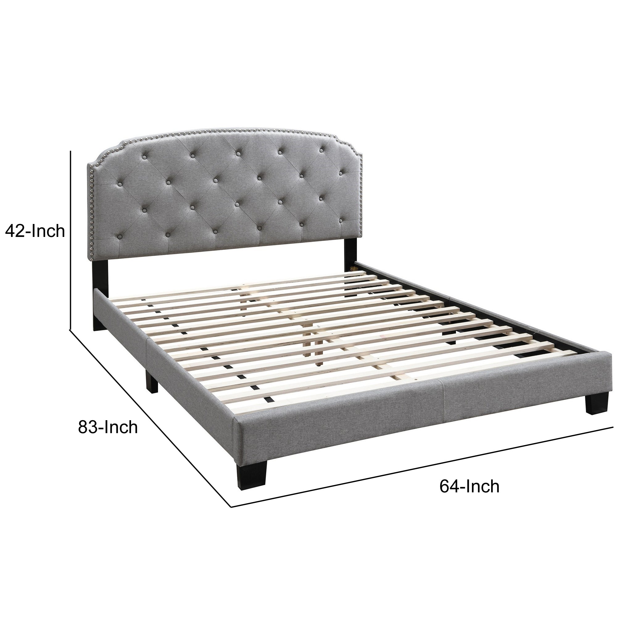 Benjara Queen Bed with Button Tufted Scalloped Headboard, Light Gray