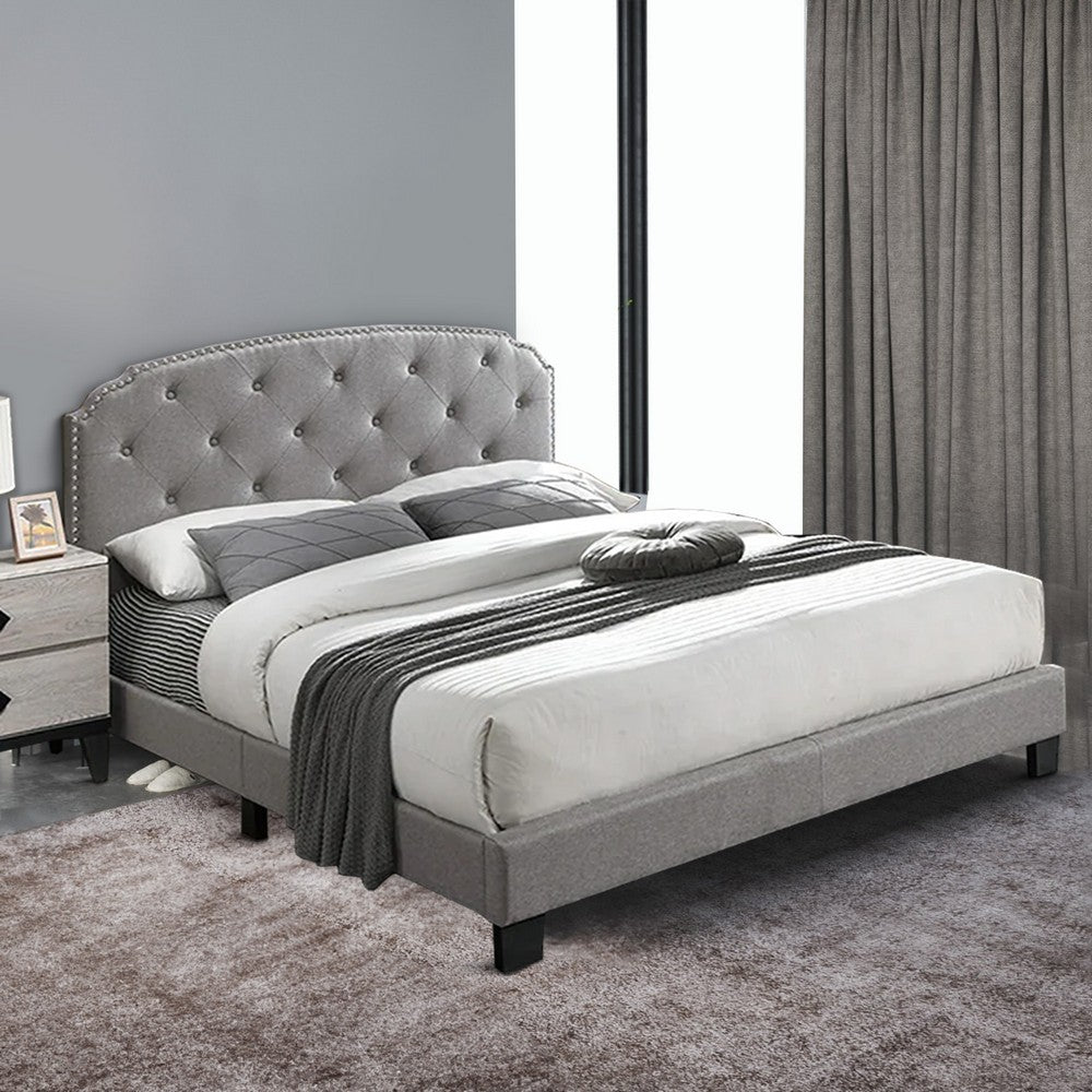 Benjara Queen Bed with Button Tufted Scalloped Headboard, Light Gray