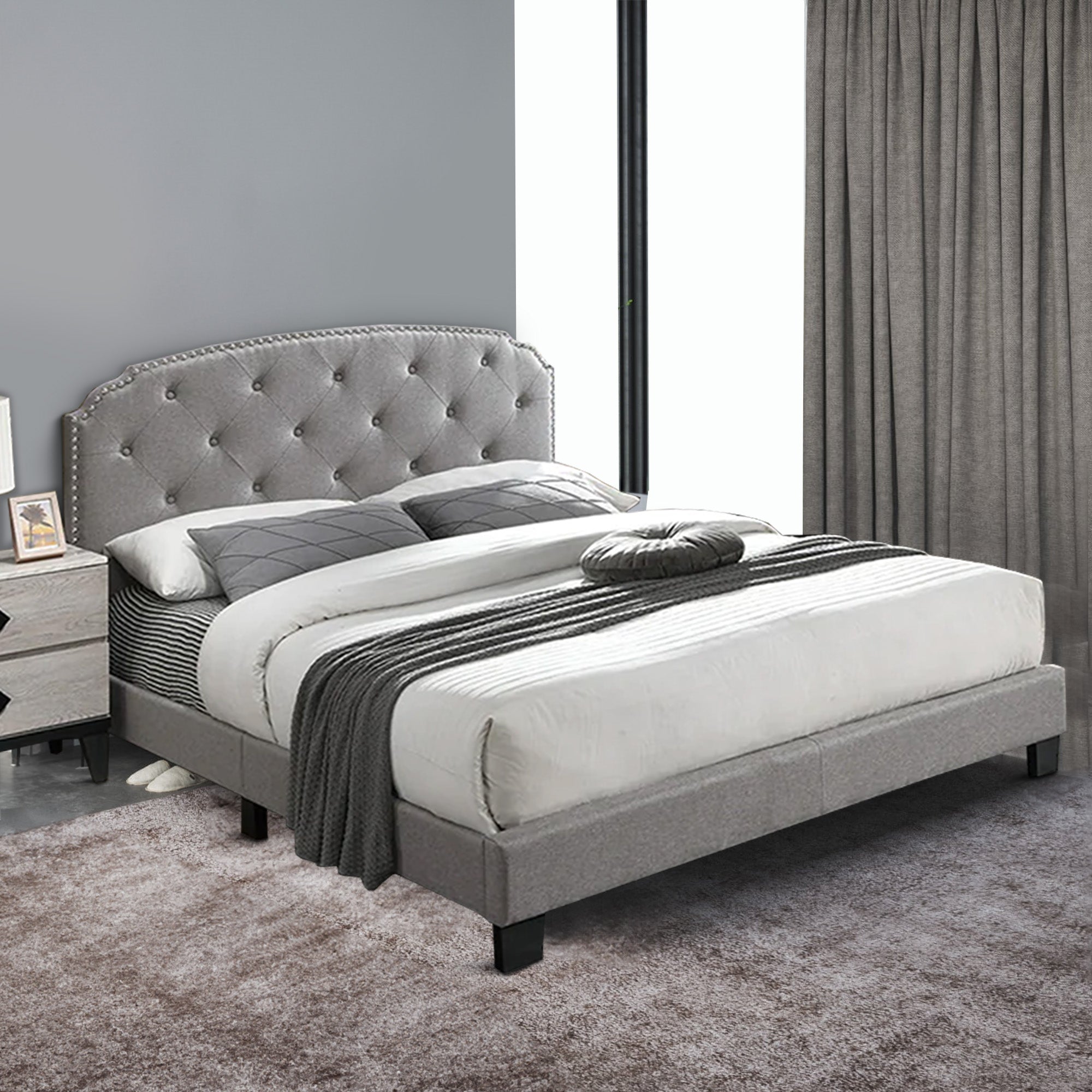 Benjara Queen Bed with Button Tufted Scalloped Headboard, Light Gray