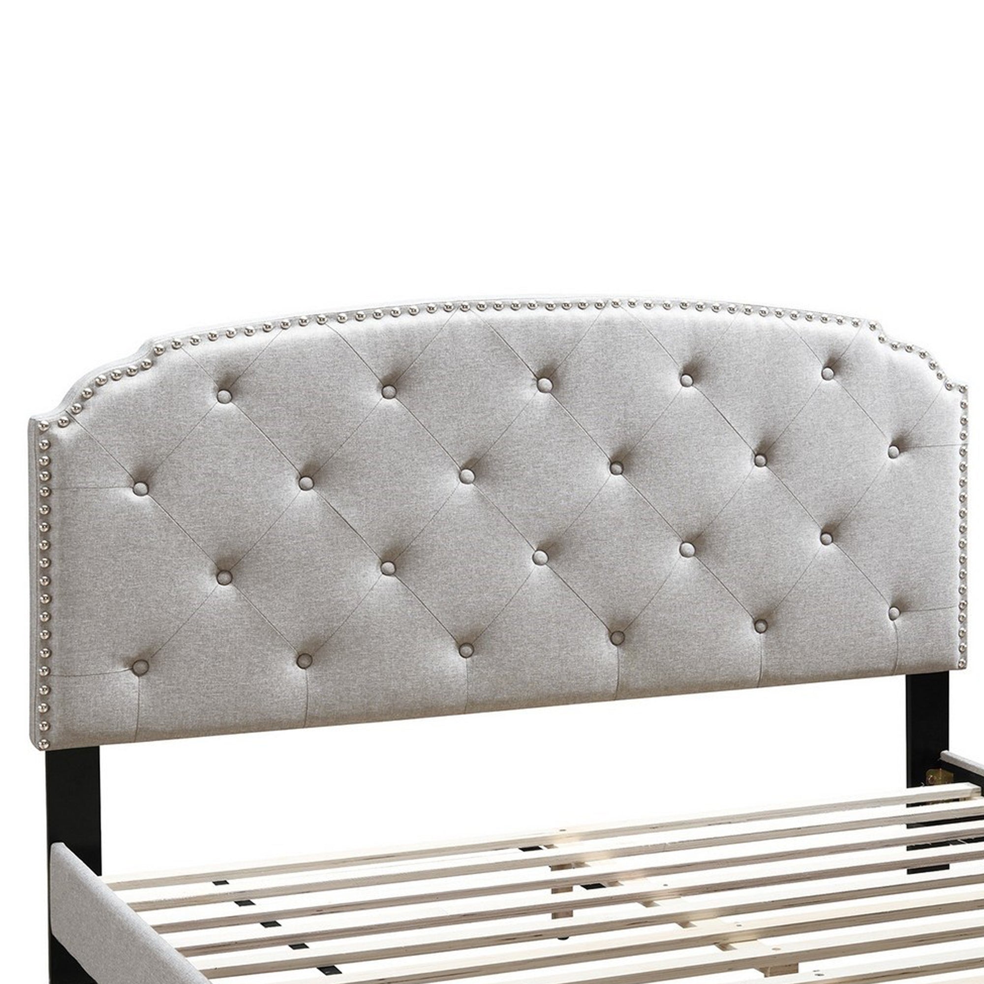 Benjara Twin Bed with Button Tufted Scalloped Headboard, Light Brown