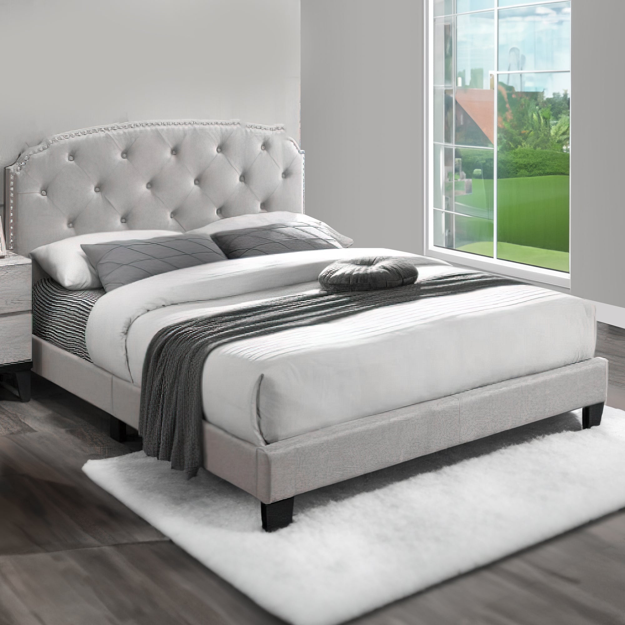Benjara Twin Bed with Button Tufted Scalloped Headboard, Light Brown