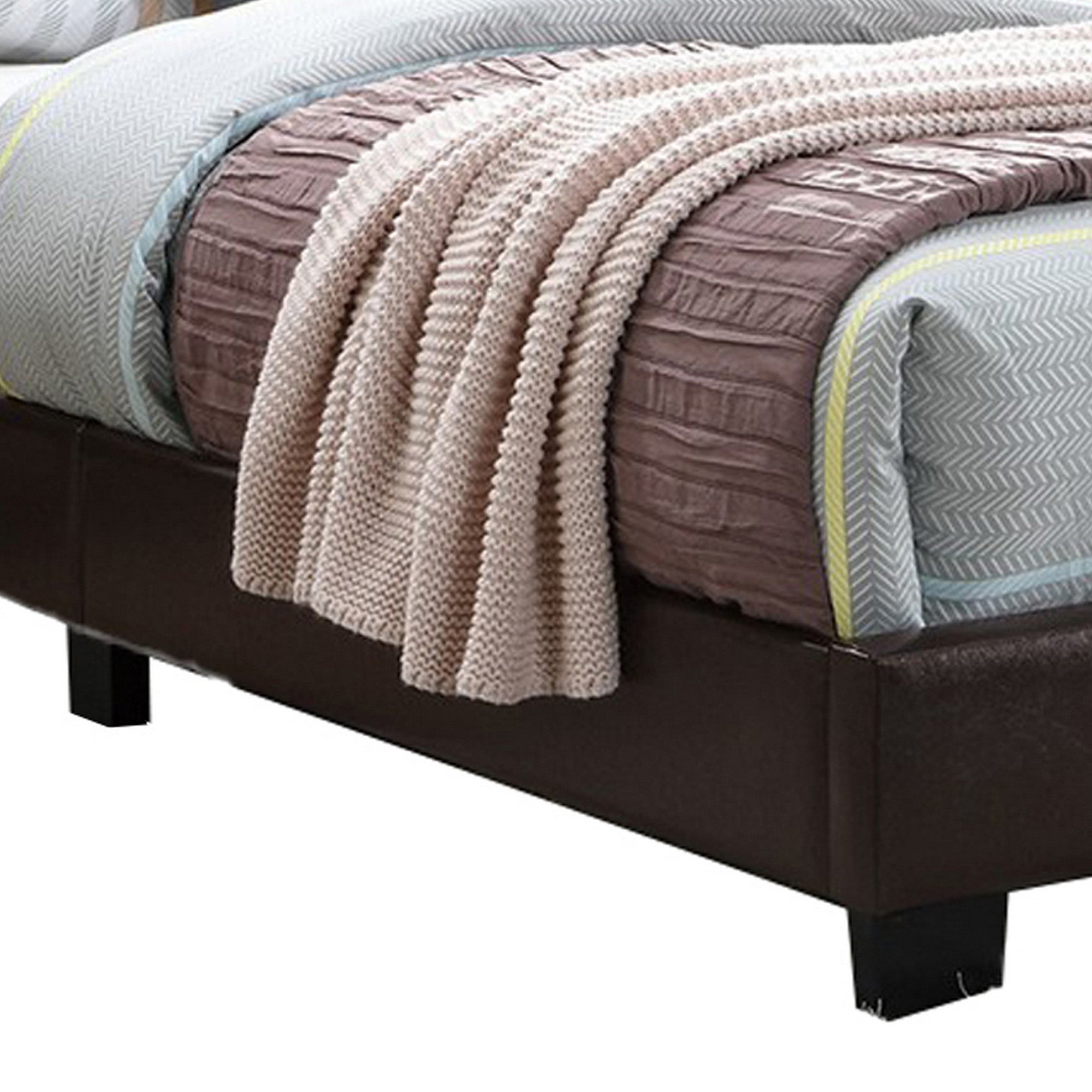 Benjara Transitional Style Leatherette Queen Bed with Padded Headboard, Dark Brown