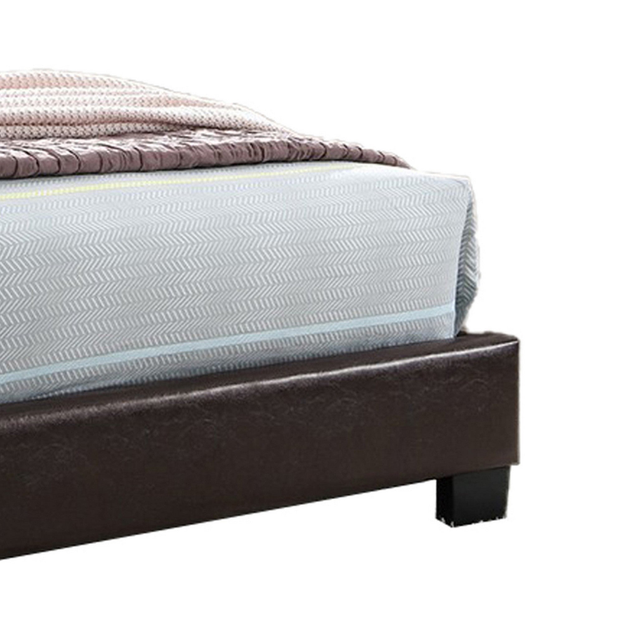 Benjara Transitional Style Leatherette Queen Bed with Padded Headboard, Dark Brown
