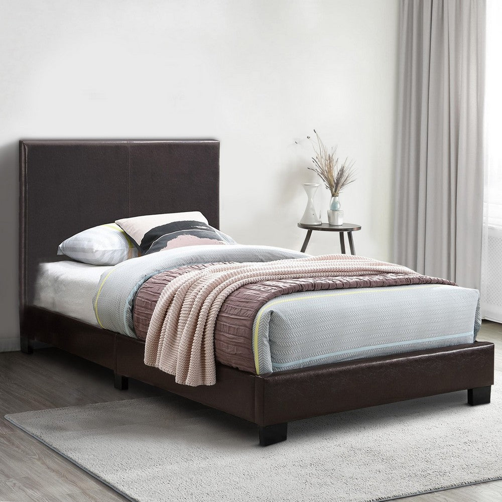 Benjara Transitional Style Leatherette Queen Bed with Padded Headboard, Dark Brown