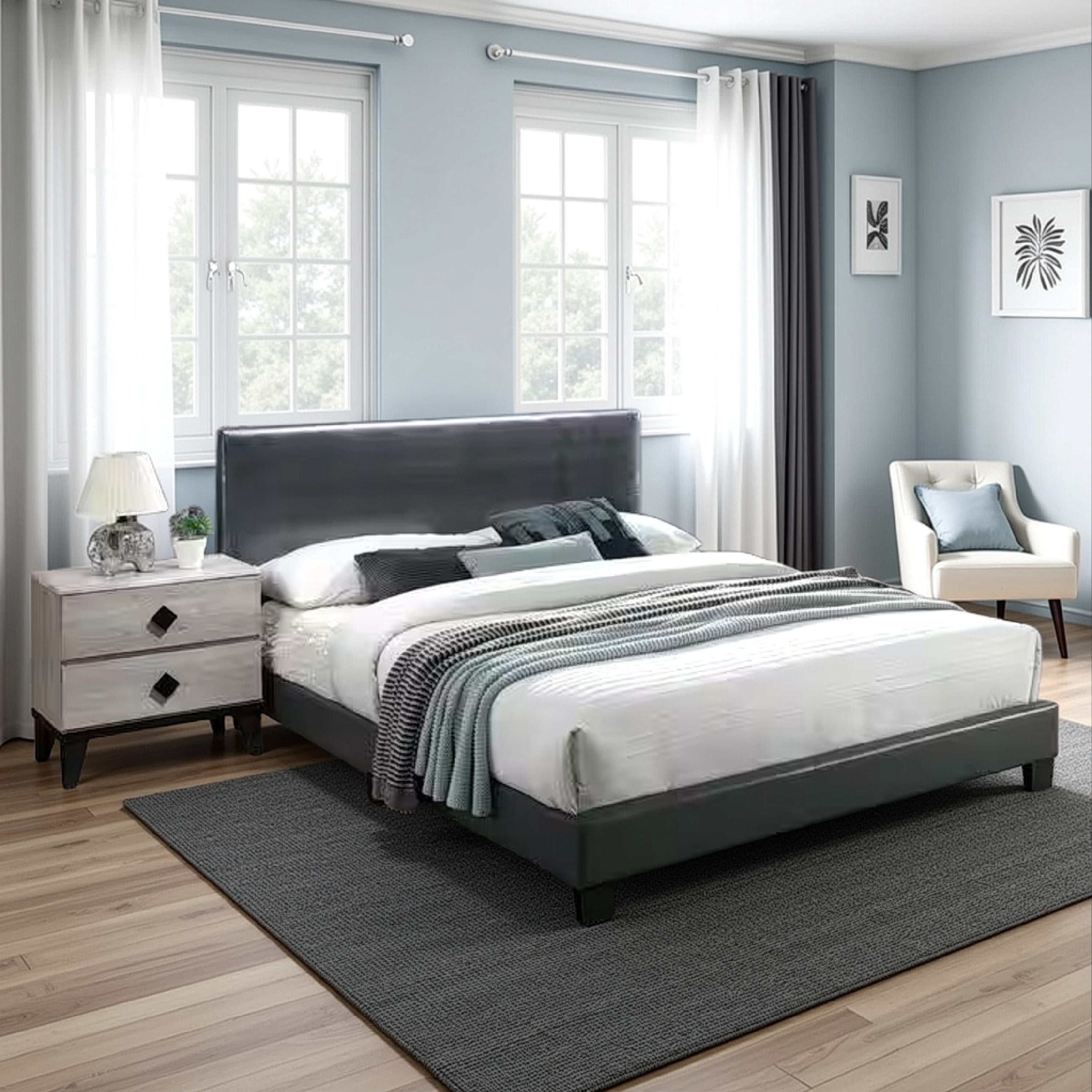 Benjara Transitional Style Leatherette Queen Bed with Padded Headboard, Gray