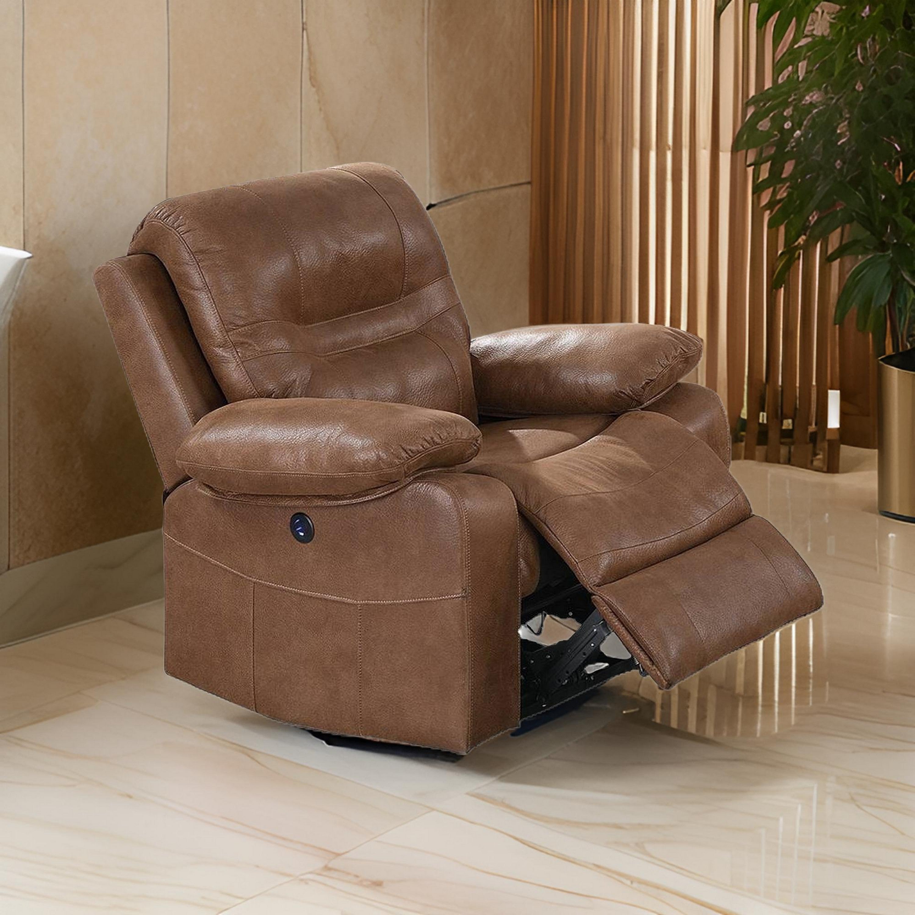Benjara 41 Inch leatherette Reclining Chair with USB Port, Brown