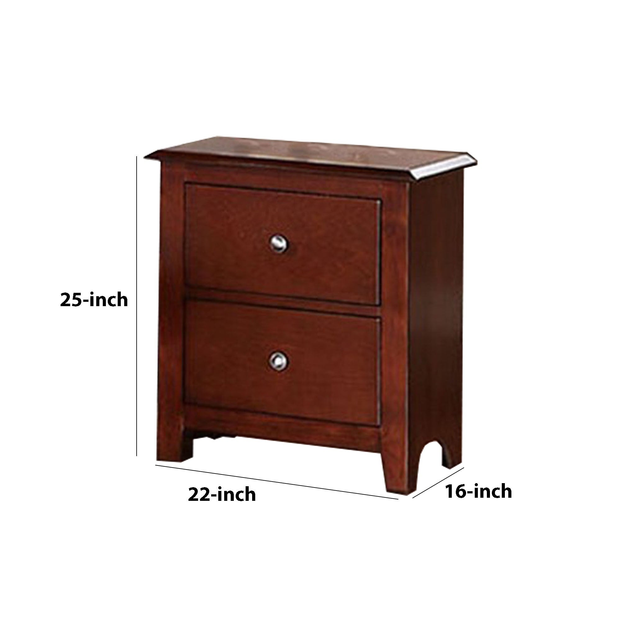 Benjara 25 Inches 2 Drawer Wooden Nightstand with Metal Pulls, Brown