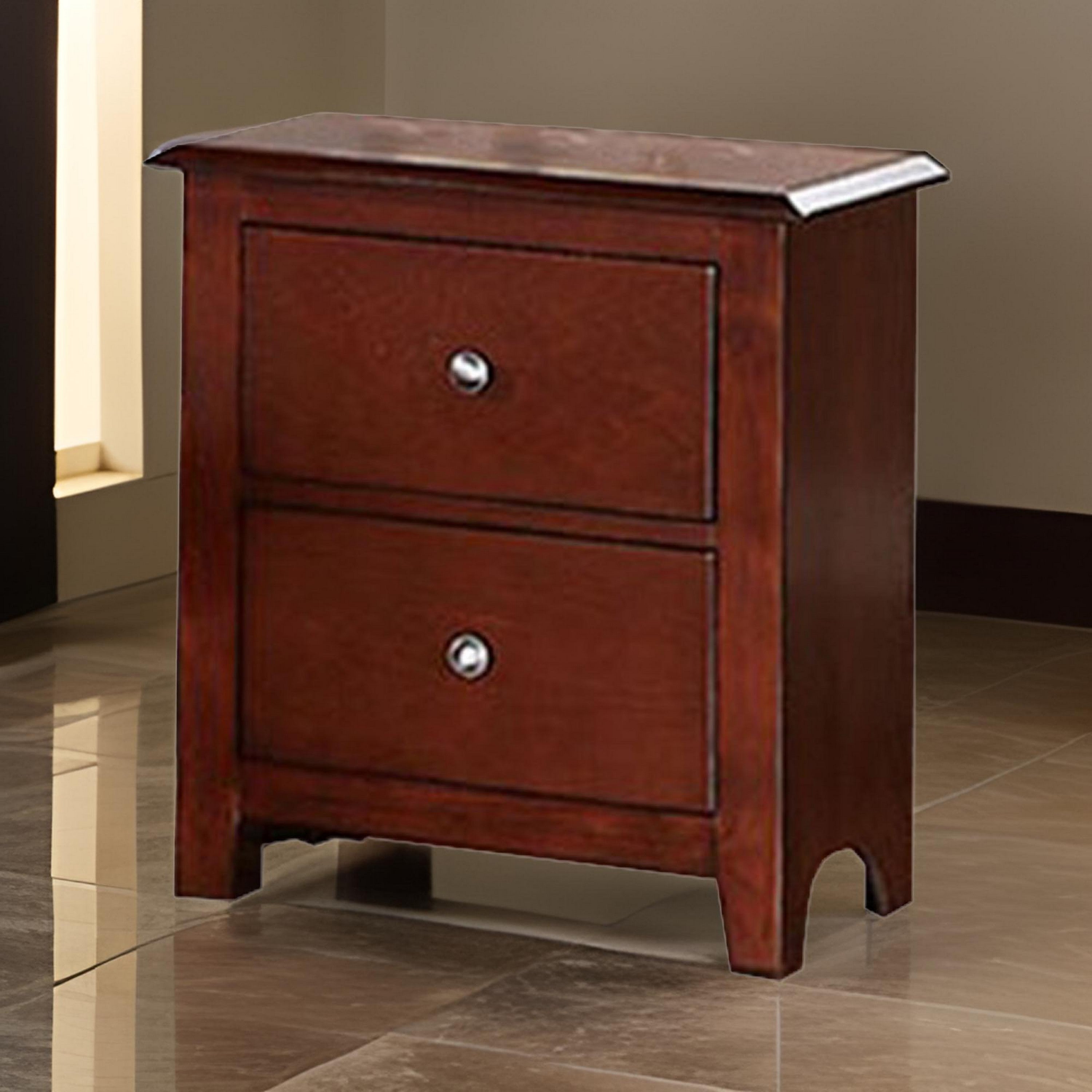 Benjara 25 Inches 2 Drawer Wooden Nightstand with Metal Pulls, Brown