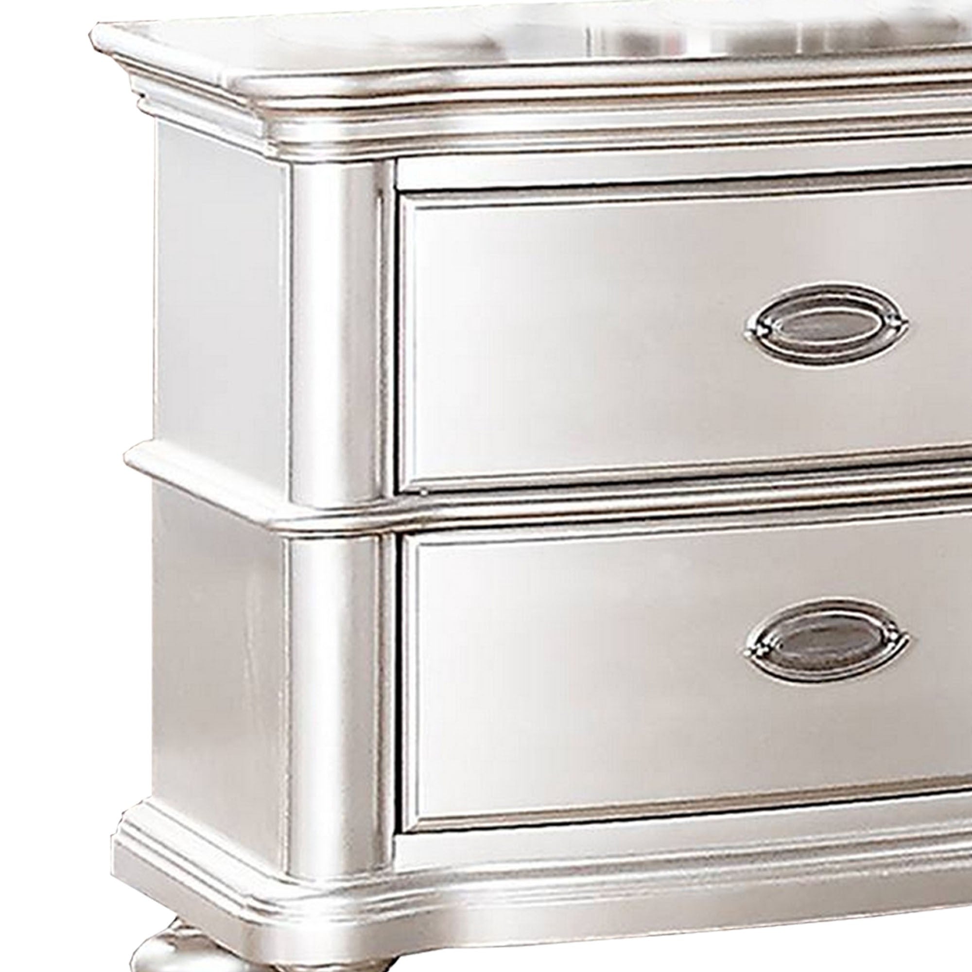 Benjara 28 Inches 2 Drawer Wooden Nightstand with Turned Legs, Silver