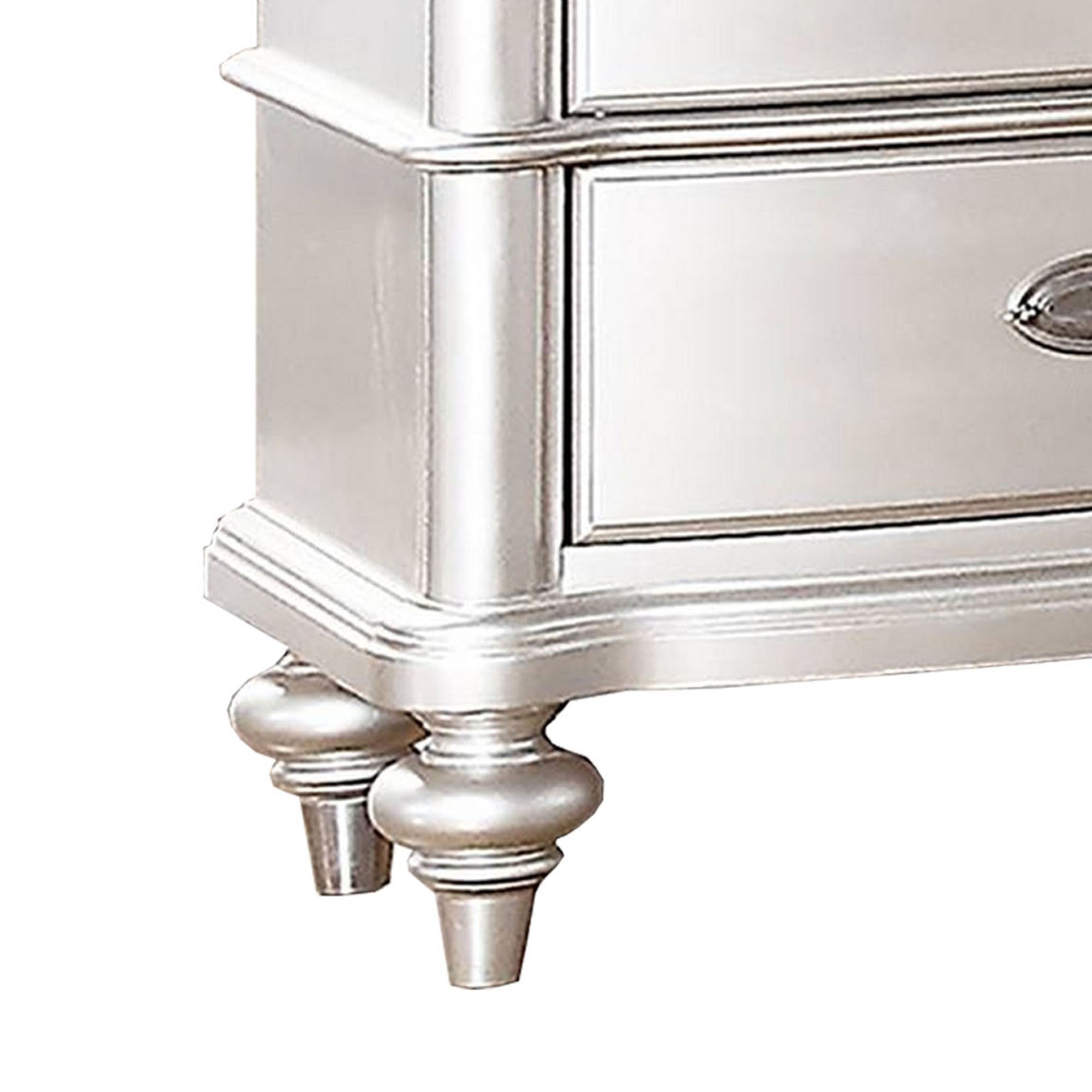 Benjara 28 Inches 2 Drawer Wooden Nightstand with Turned Legs, Silver