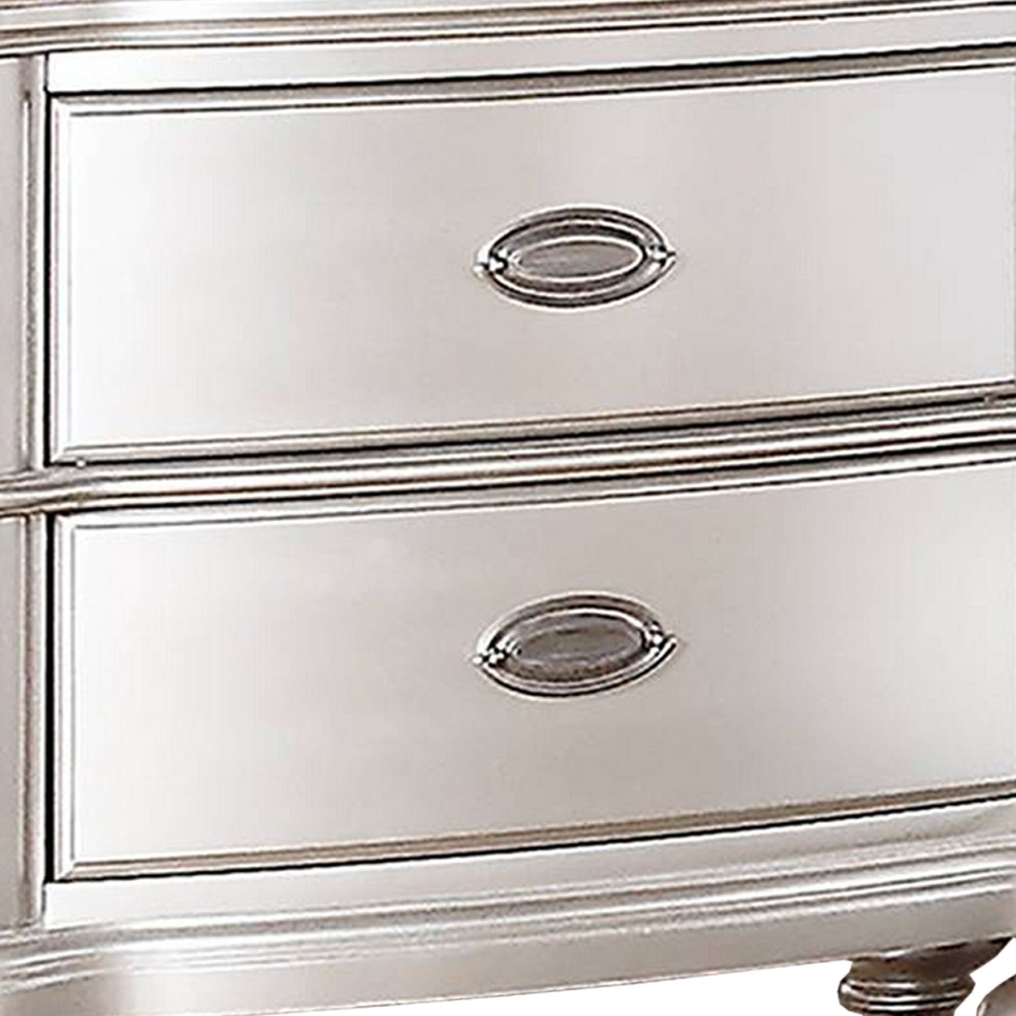 Benjara 28 Inches 2 Drawer Wooden Nightstand with Turned Legs, Silver