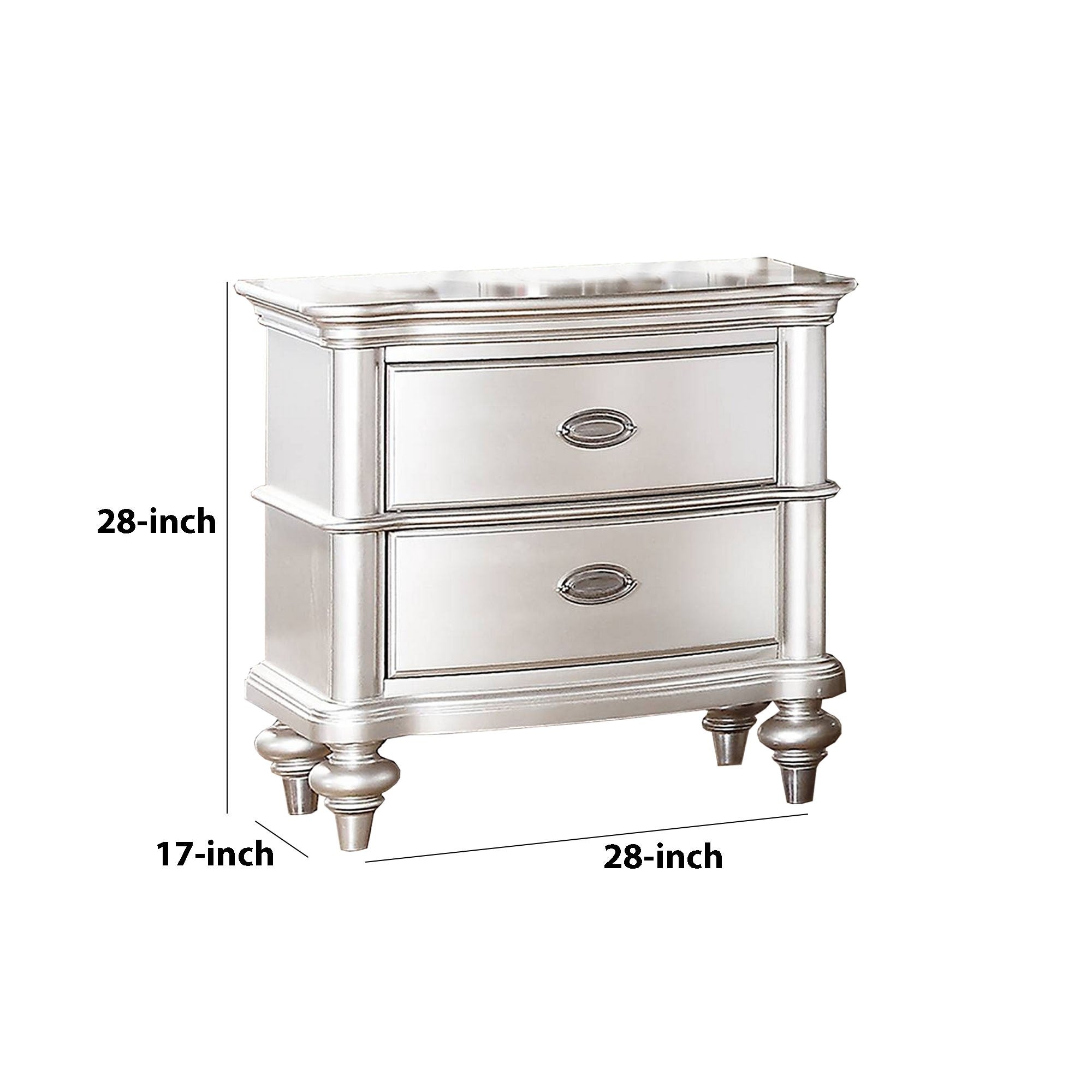 Benjara 28 Inches 2 Drawer Wooden Nightstand with Turned Legs, Silver