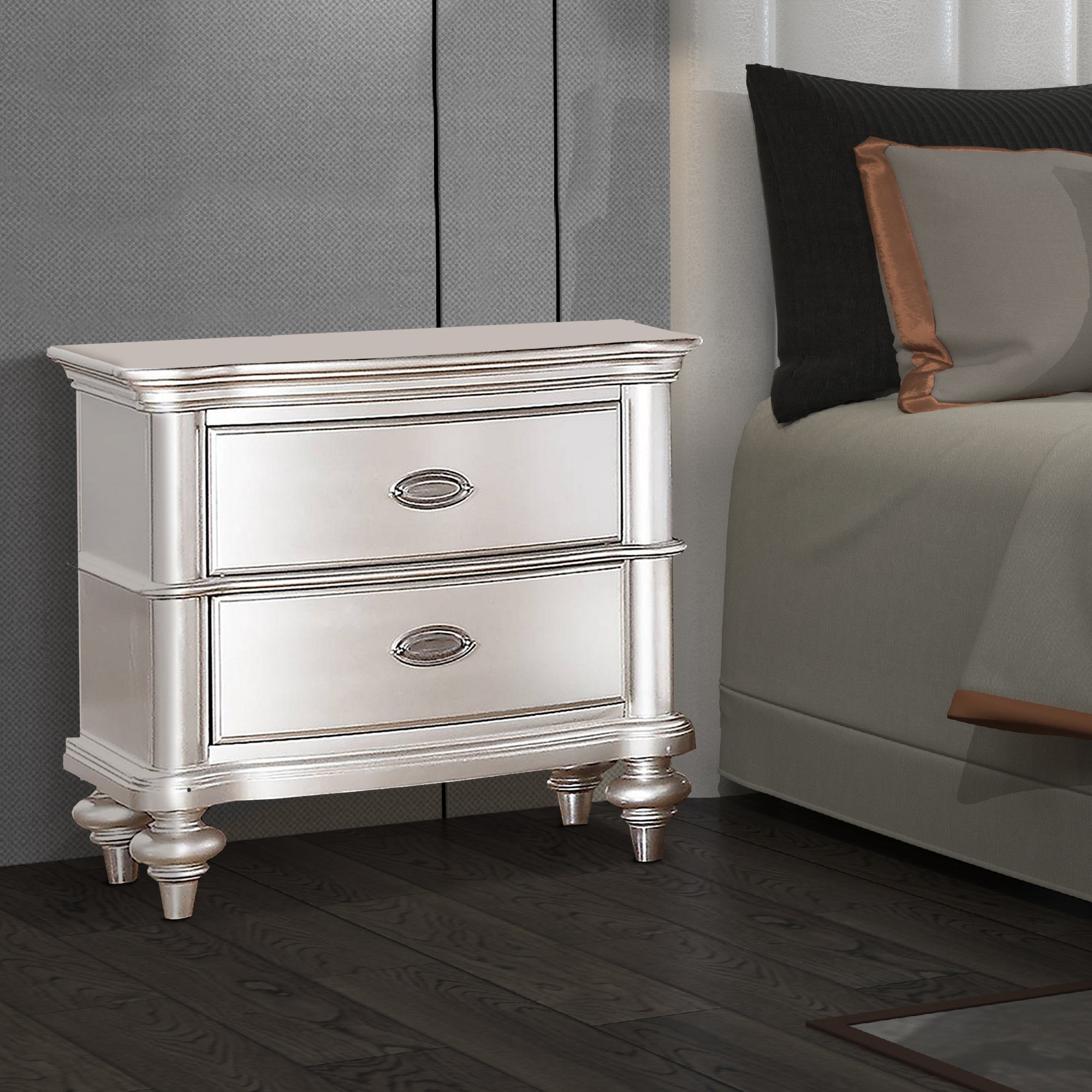 Benjara 28 Inches 2 Drawer Wooden Nightstand with Turned Legs, Silver