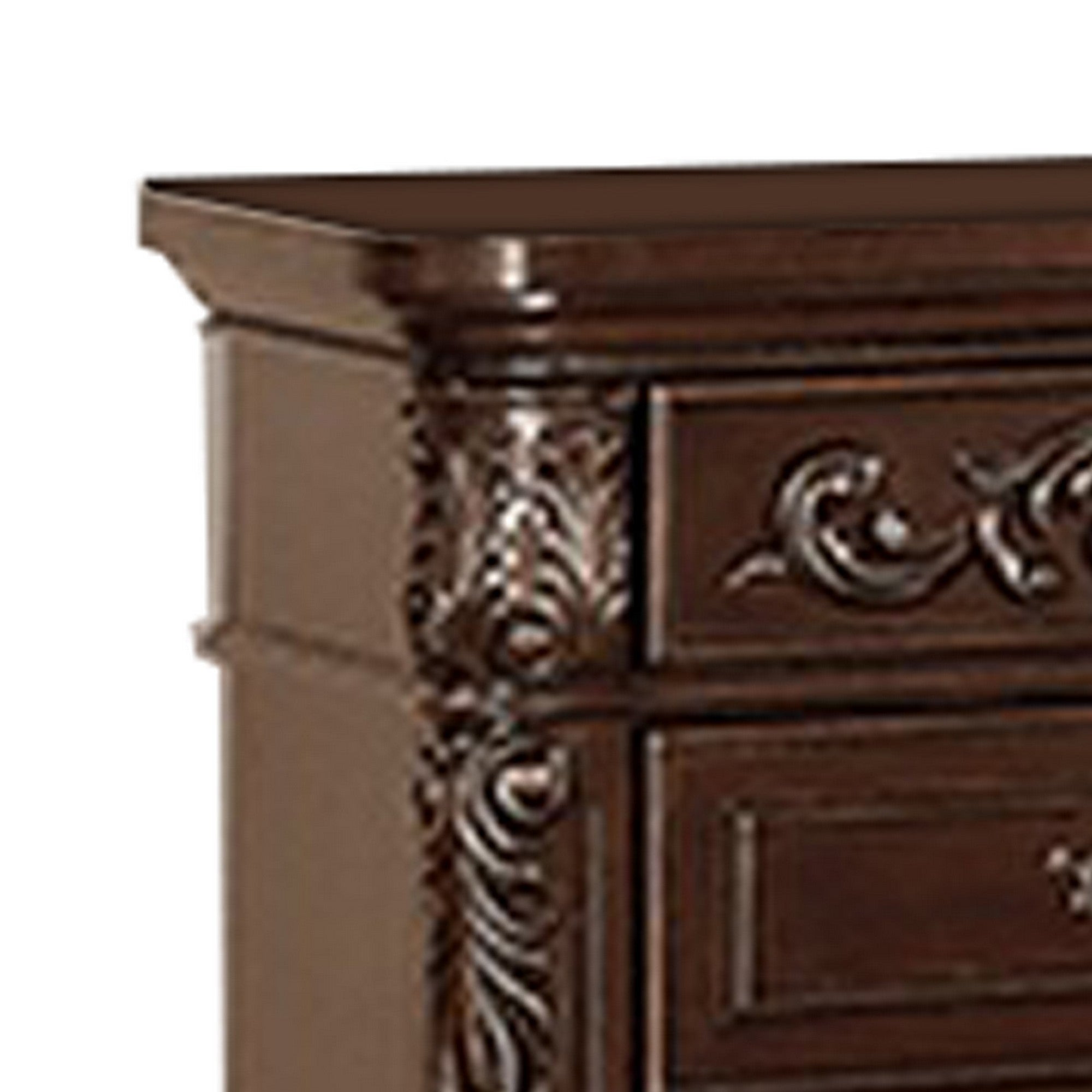 Benjara 30 Inches 3 Drawer Engraved Wooden Nightstand, Brown