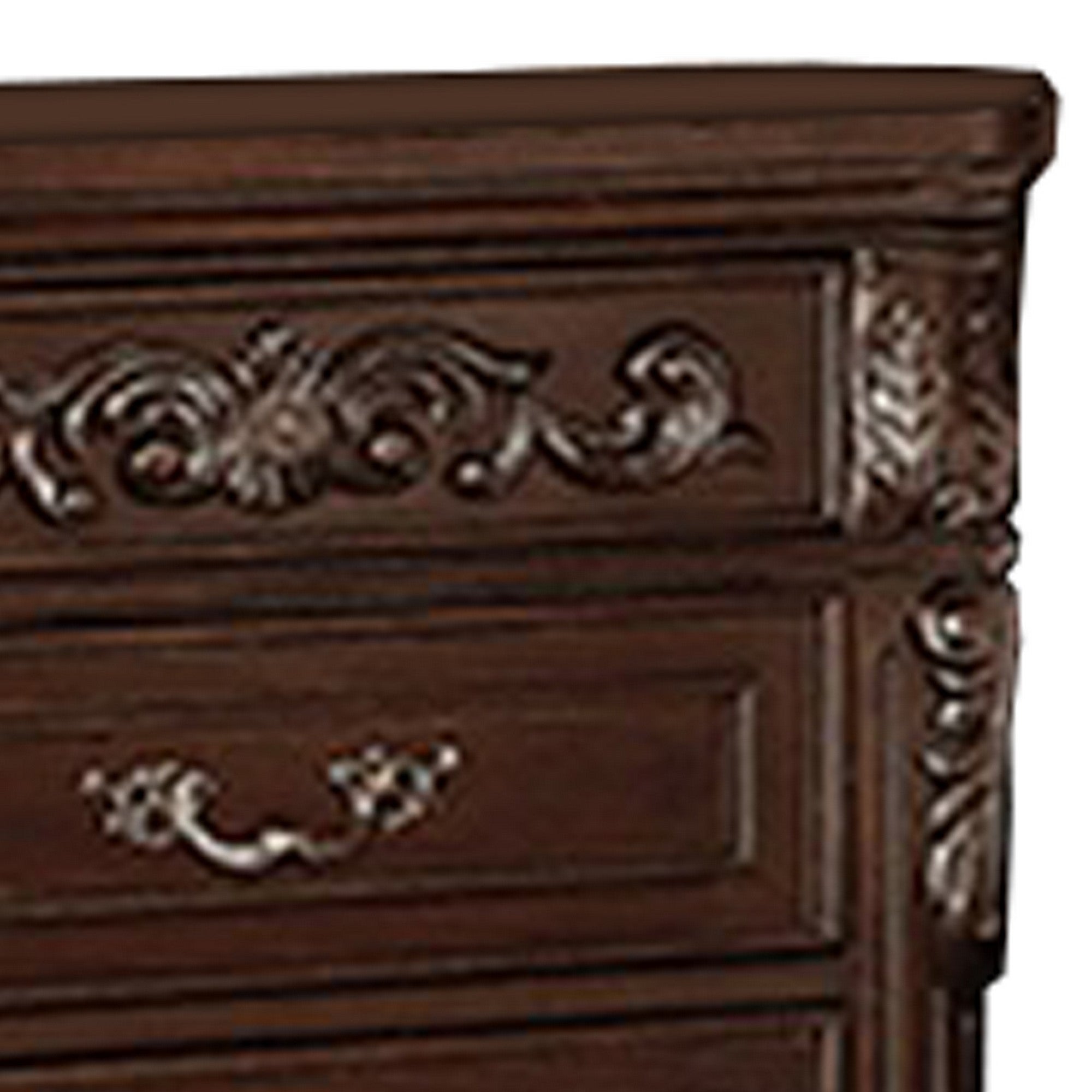 Benjara 30 Inches 3 Drawer Engraved Wooden Nightstand, Brown