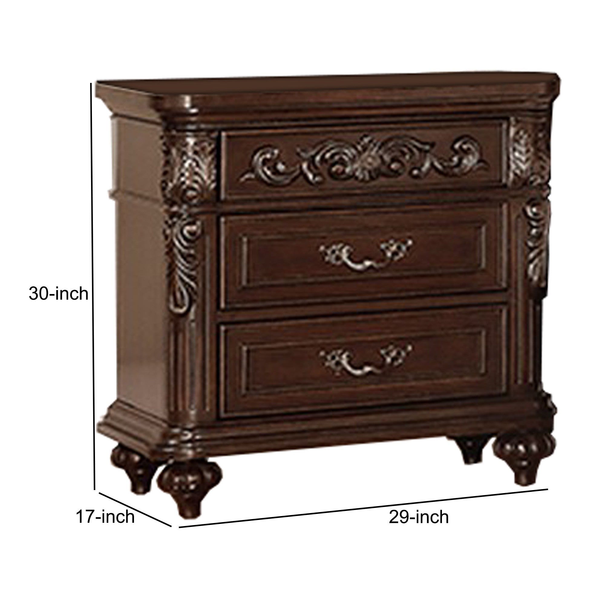 Benjara 30 Inches 3 Drawer Engraved Wooden Nightstand, Brown