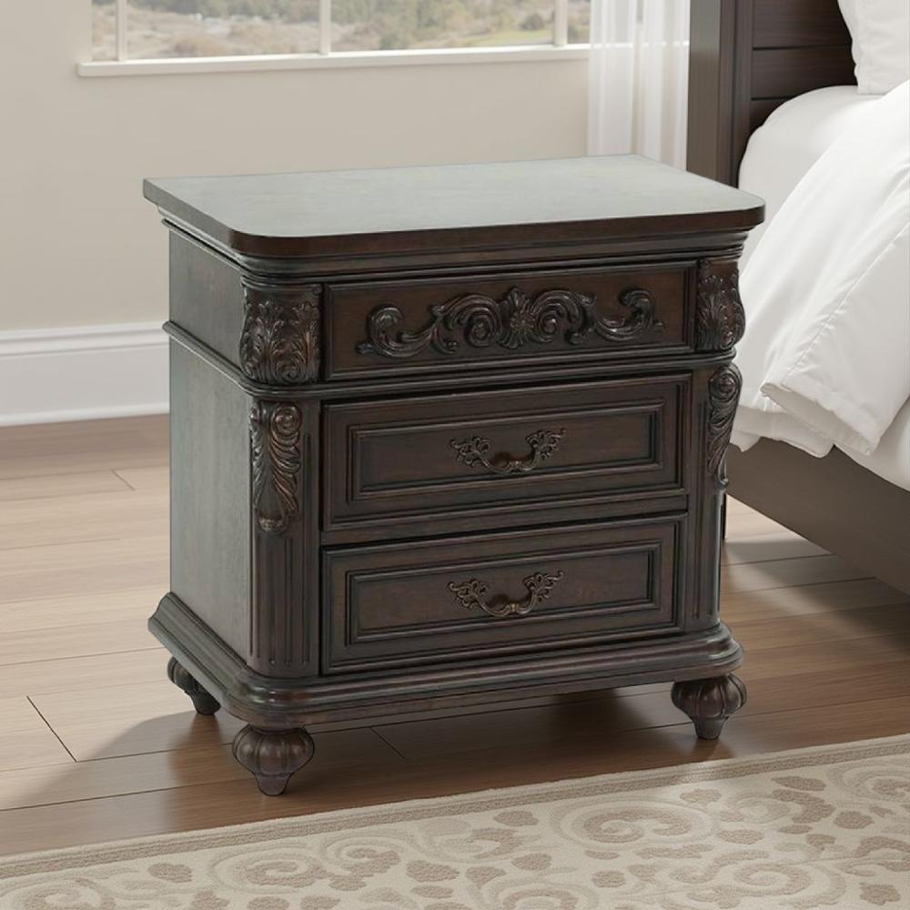 Benjara 30 Inches 3 Drawer Engraved Wooden Nightstand, Brown