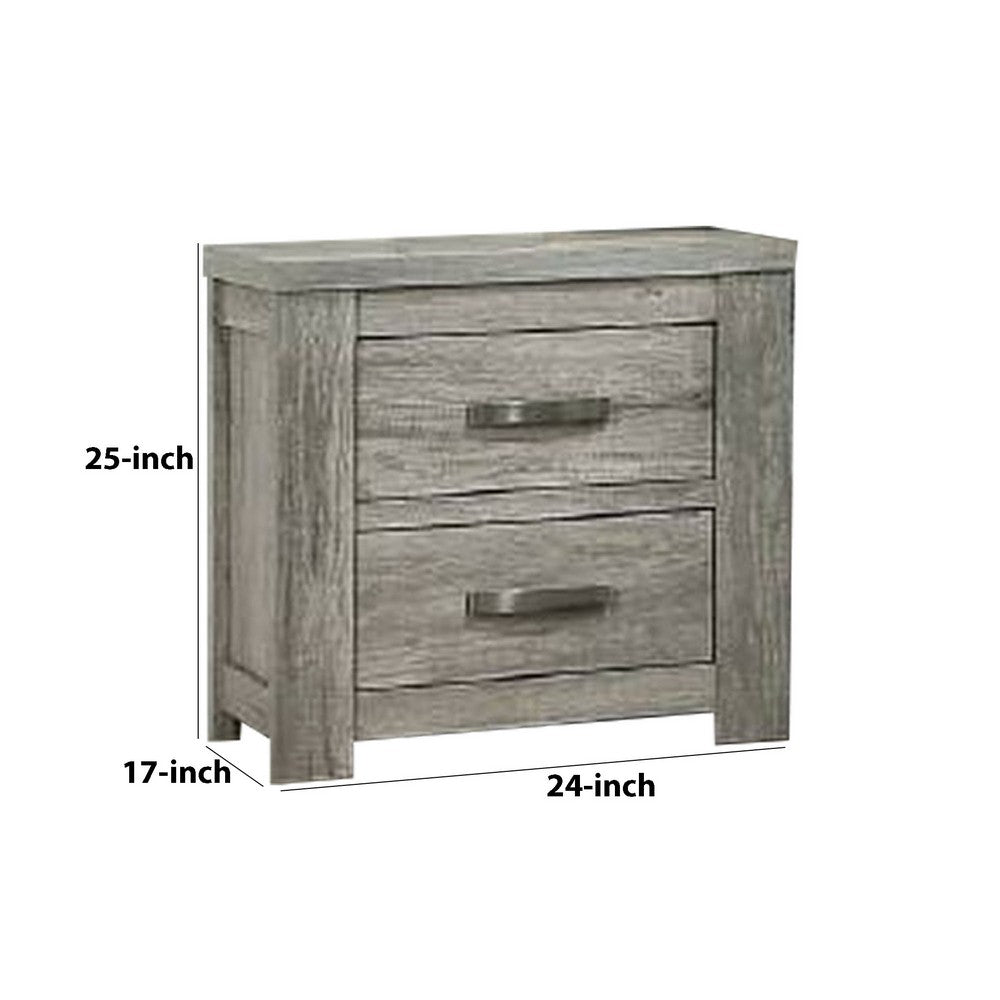 Benjara Wooden Nightstand with Two Drawers And Metal Bar Handles, Gray