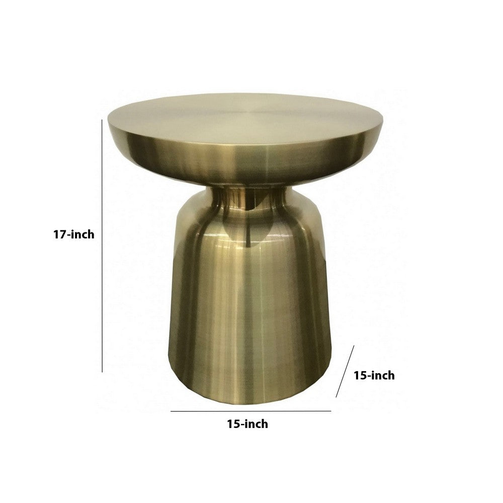 Benjara 17 Inch Mushroom Shaped Metal End Table, Pedestal Base, Brass