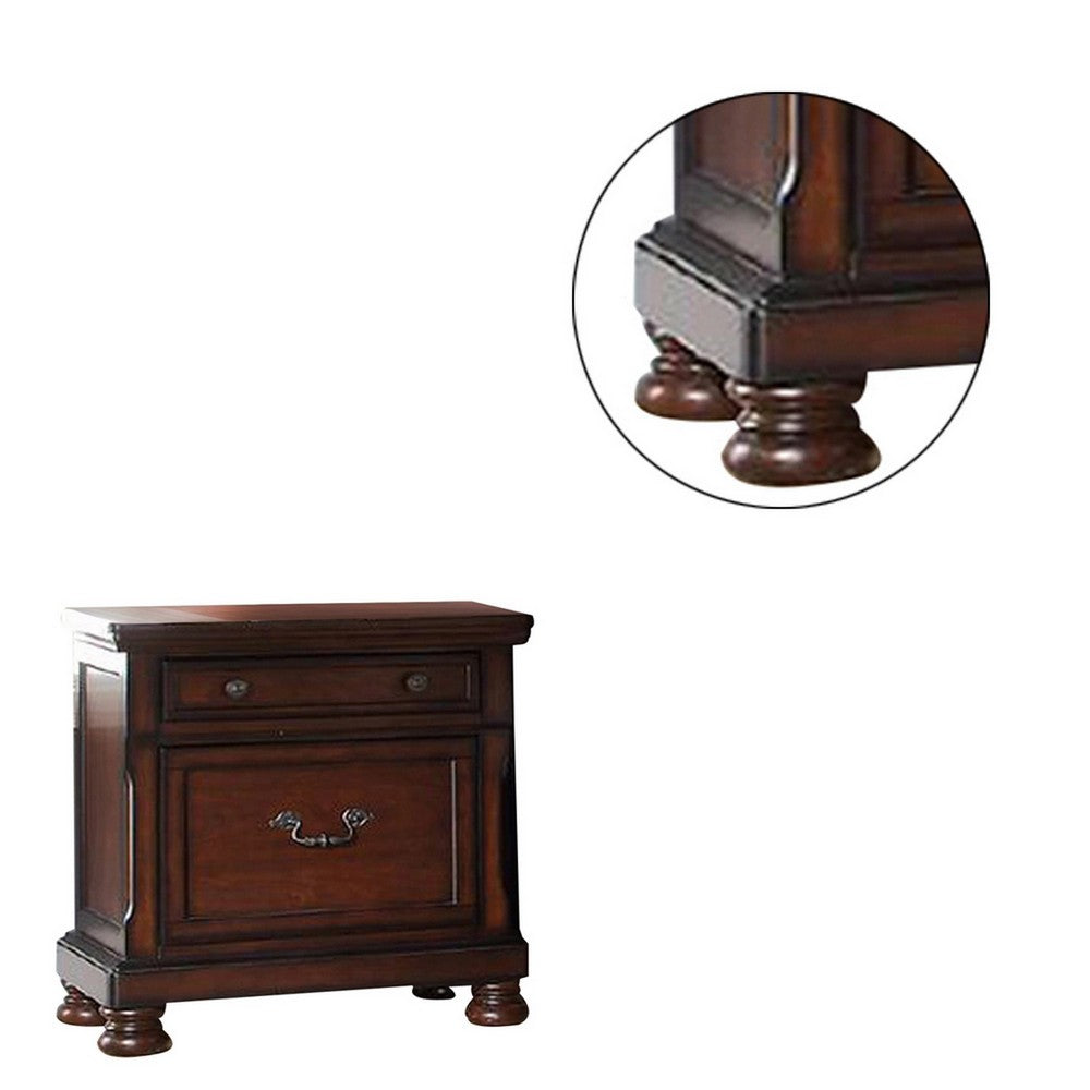 Benjara Two Drawers Wooden Nightstand with Bun Feet, Brown