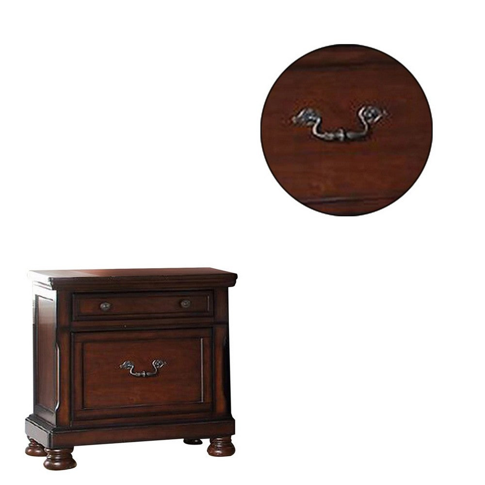 Benjara Two Drawers Wooden Nightstand with Bun Feet, Brown