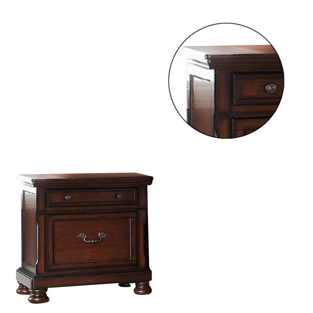 Benjara Two Drawers Wooden Nightstand with Bun Feet, Brown