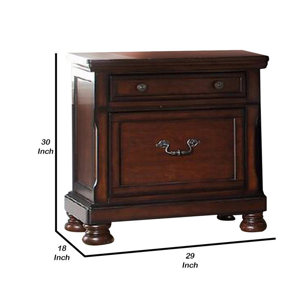 Benjara Two Drawers Wooden Nightstand with Bun Feet, Brown