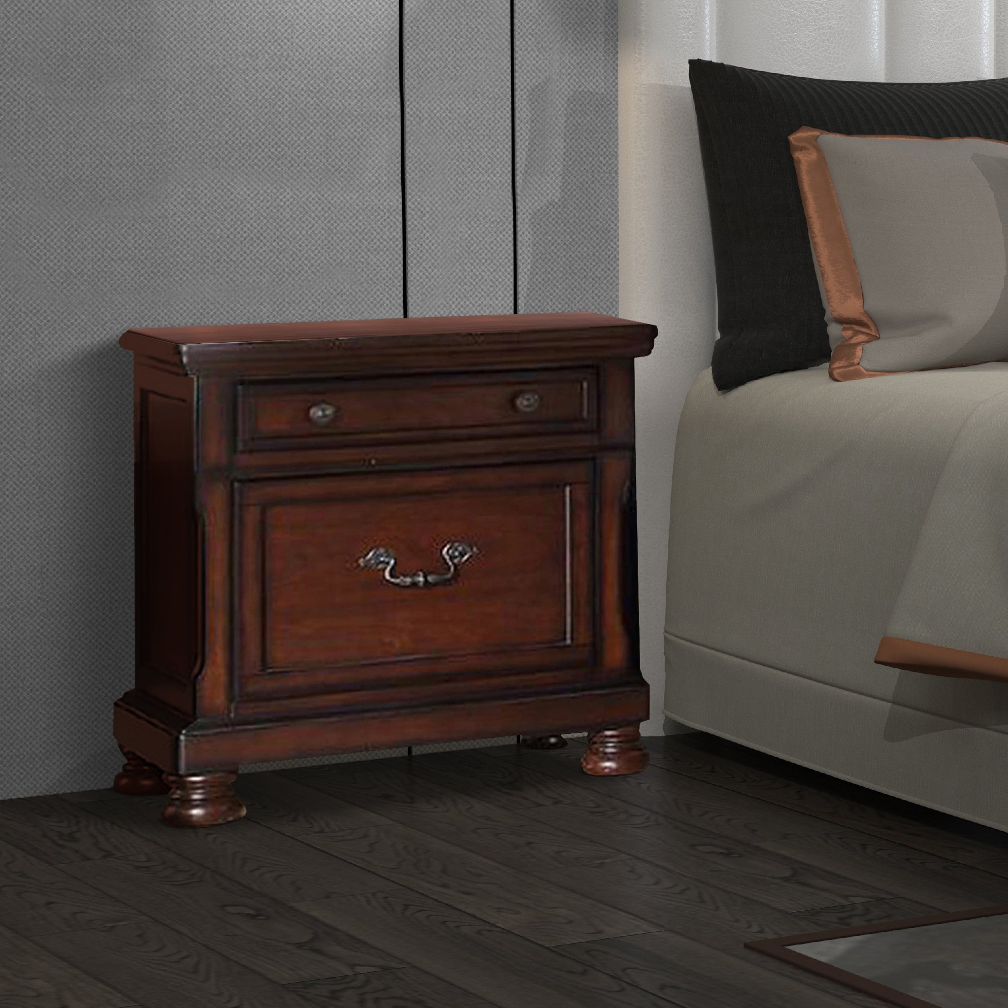 Benjara Two Drawers Wooden Nightstand with Bun Feet, Brown