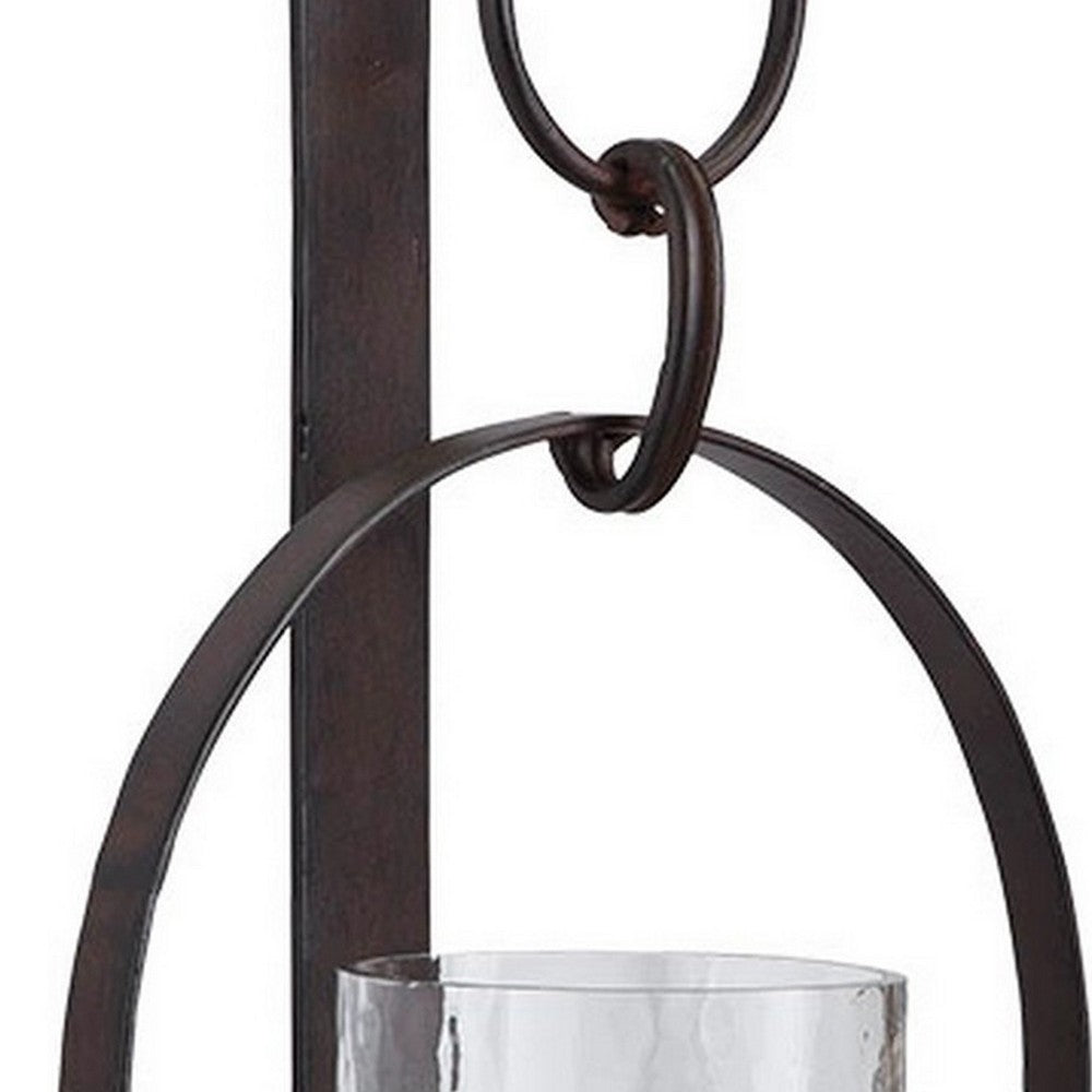 Benjara Metal Wall Sconce With Glass Hurricane And Chain Design Holder, Black