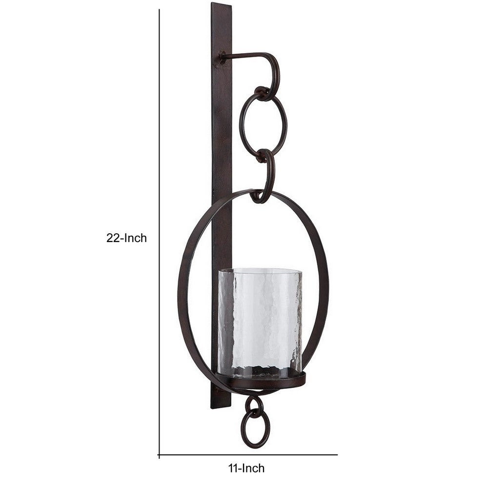 Benjara Metal Wall Sconce With Glass Hurricane And Chain Design Holder, Black