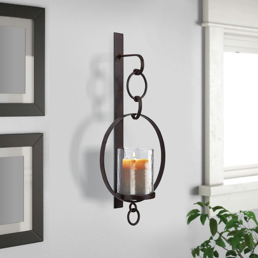 Benjara Metal Wall Sconce With Glass Hurricane And Chain Design Holder, Black