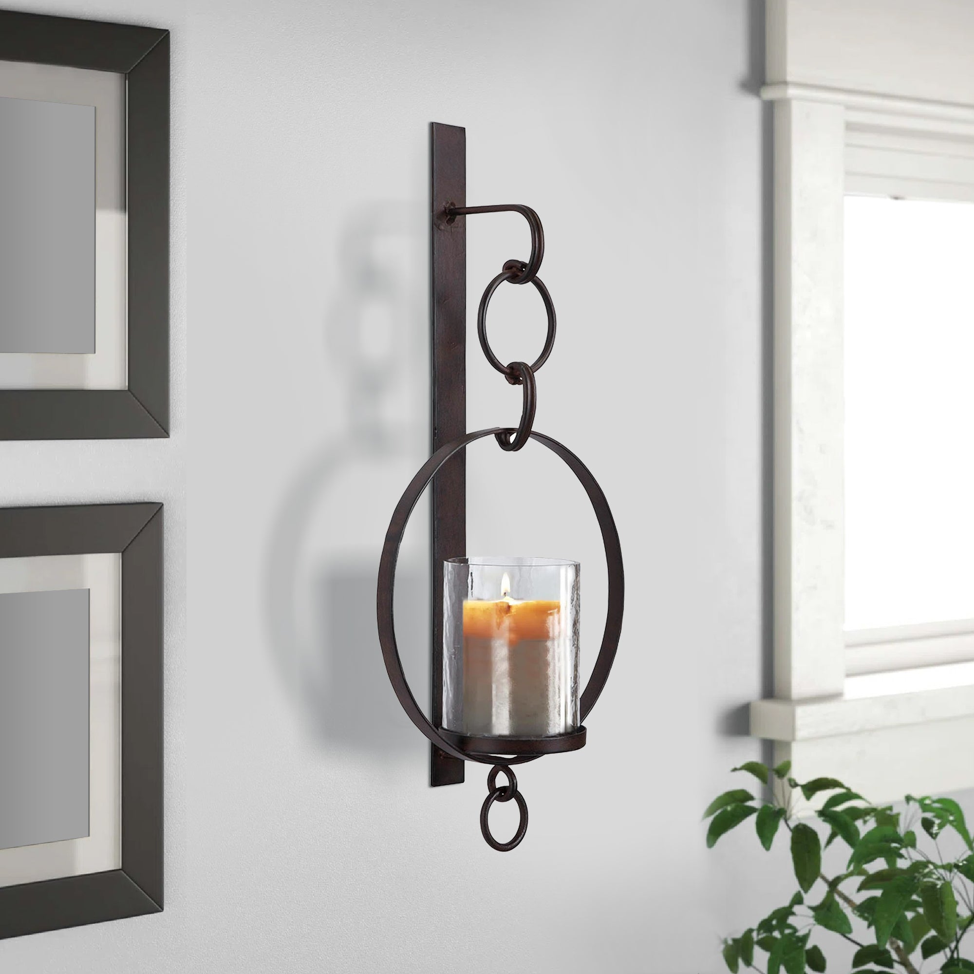 Benjara Metal Wall Sconce With Glass Hurricane And Chain Design Holder, Black