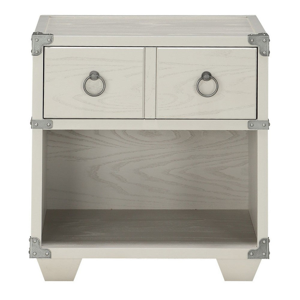 Benjara Two Drawer Wooden Nightstand with Metal Ring Pulls, Gray
