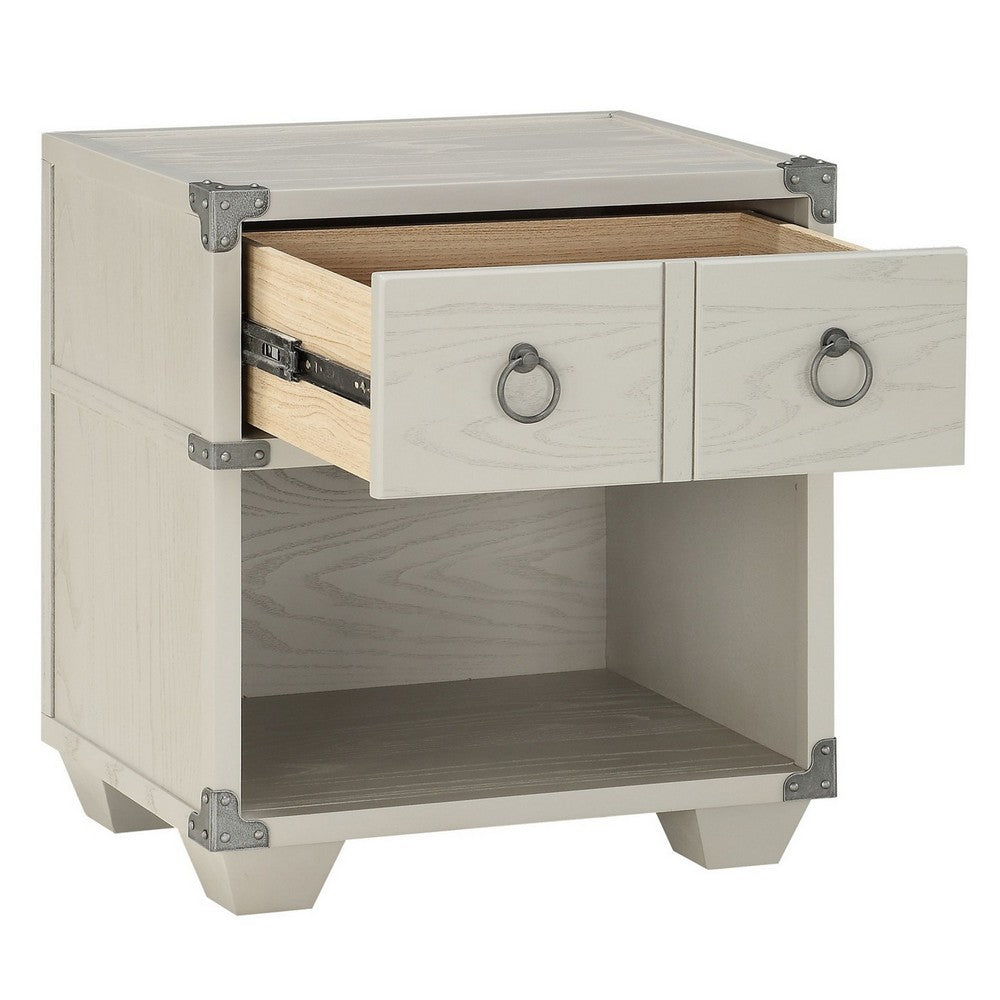 Benjara Two Drawer Wooden Nightstand with Metal Ring Pulls, Gray