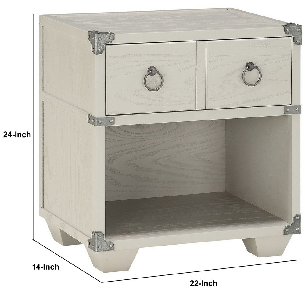 Benjara Two Drawer Wooden Nightstand with Metal Ring Pulls, Gray