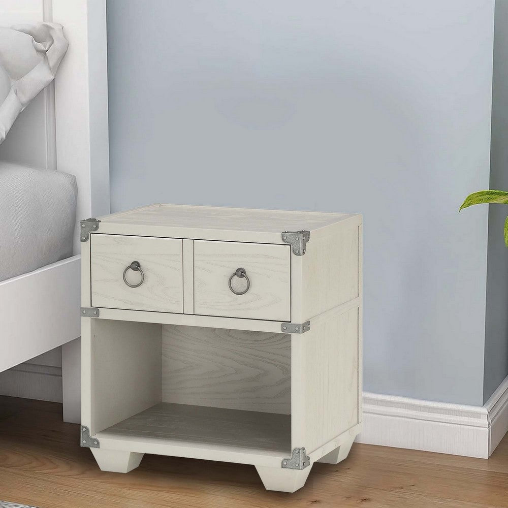 Benjara Two Drawer Wooden Nightstand with Metal Ring Pulls, Gray