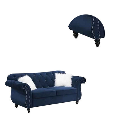 Benjara 77 Inches Nailhead Trim Velvet Loveseat with Crystal Tufting, Blue