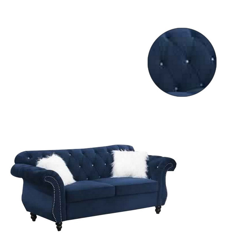 Benjara 77 Inches Nailhead Trim Velvet Loveseat with Crystal Tufting, Blue