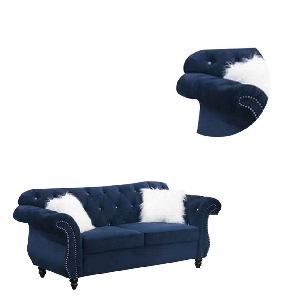 Benjara 77 Inches Nailhead Trim Velvet Loveseat with Crystal Tufting, Blue