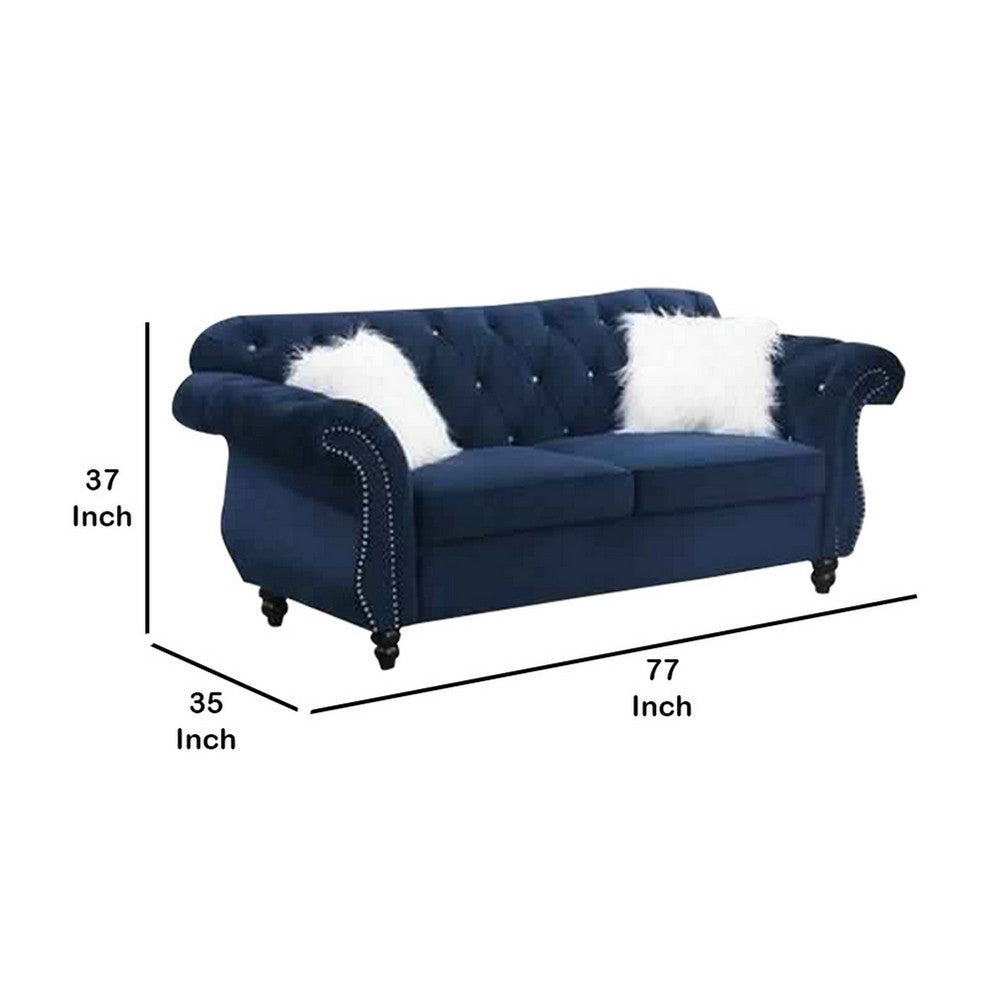 Benjara 77 Inches Nailhead Trim Velvet Loveseat with Crystal Tufting, Blue