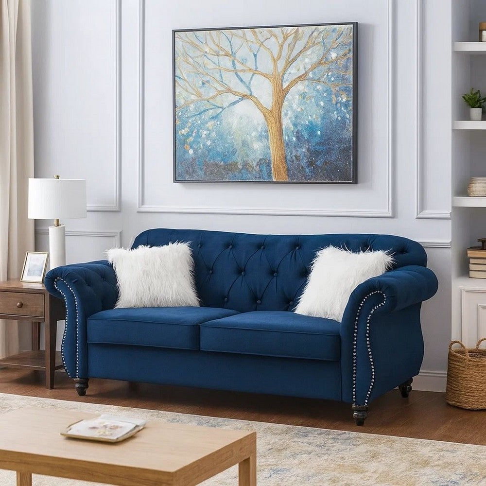 Benjara 77 Inches Nailhead Trim Velvet Loveseat with Crystal Tufting, Blue