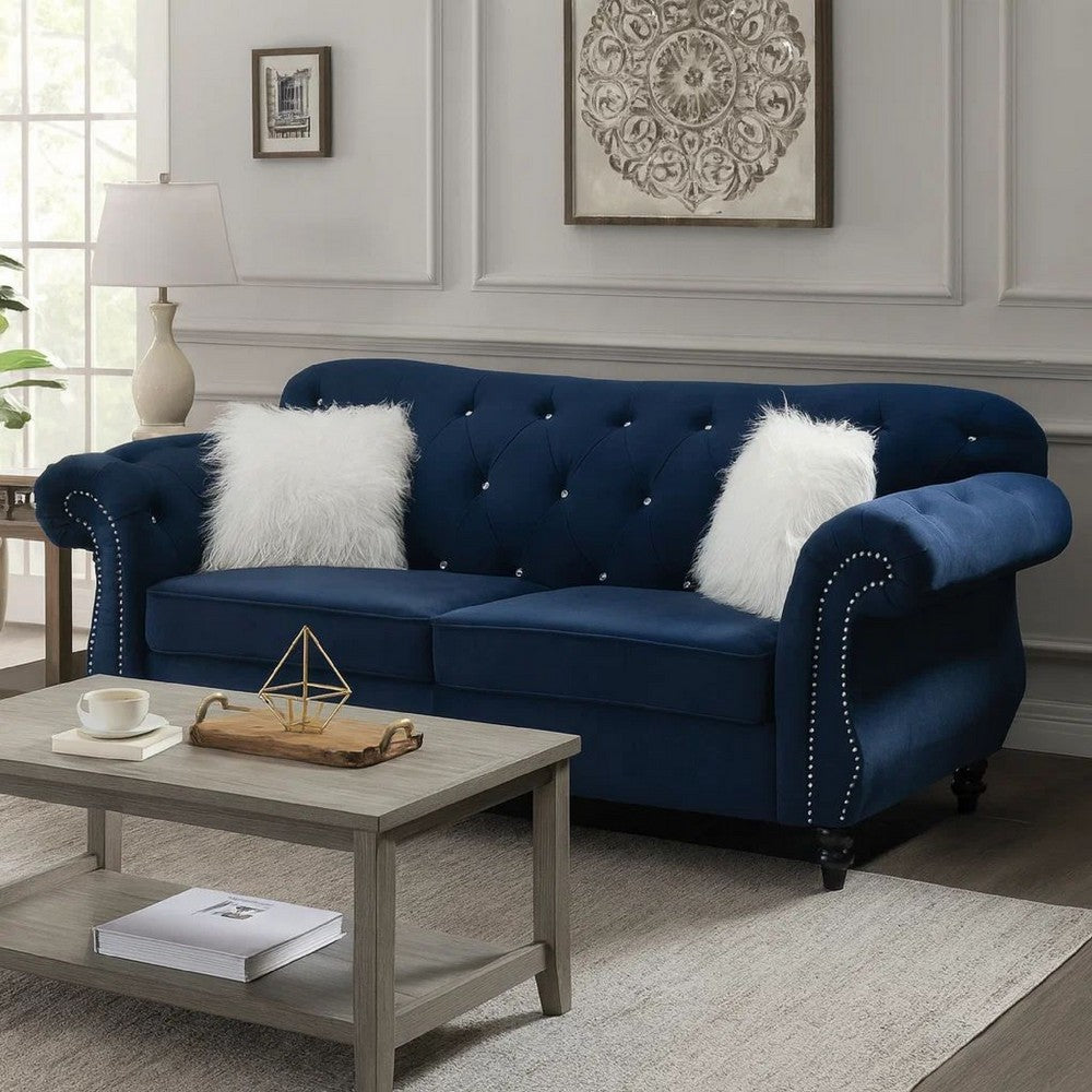 Benjara 77 Inches Nailhead Trim Velvet Loveseat with Crystal Tufting, Blue