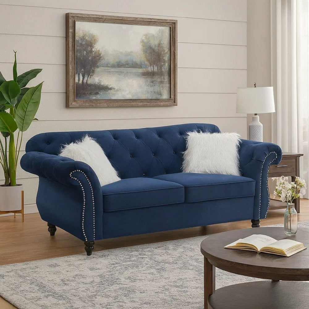 Benjara 77 Inches Nailhead Trim Velvet Loveseat with Crystal Tufting, Blue