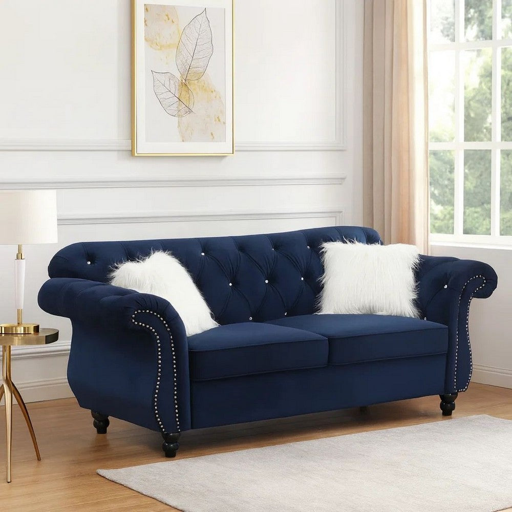 Benjara 77 Inches Nailhead Trim Velvet Loveseat with Crystal Tufting, Blue